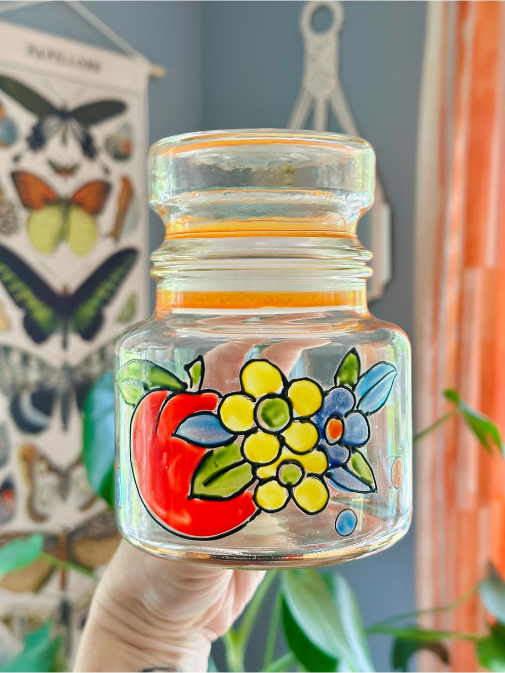 Vintage hand painted glass canister/jar